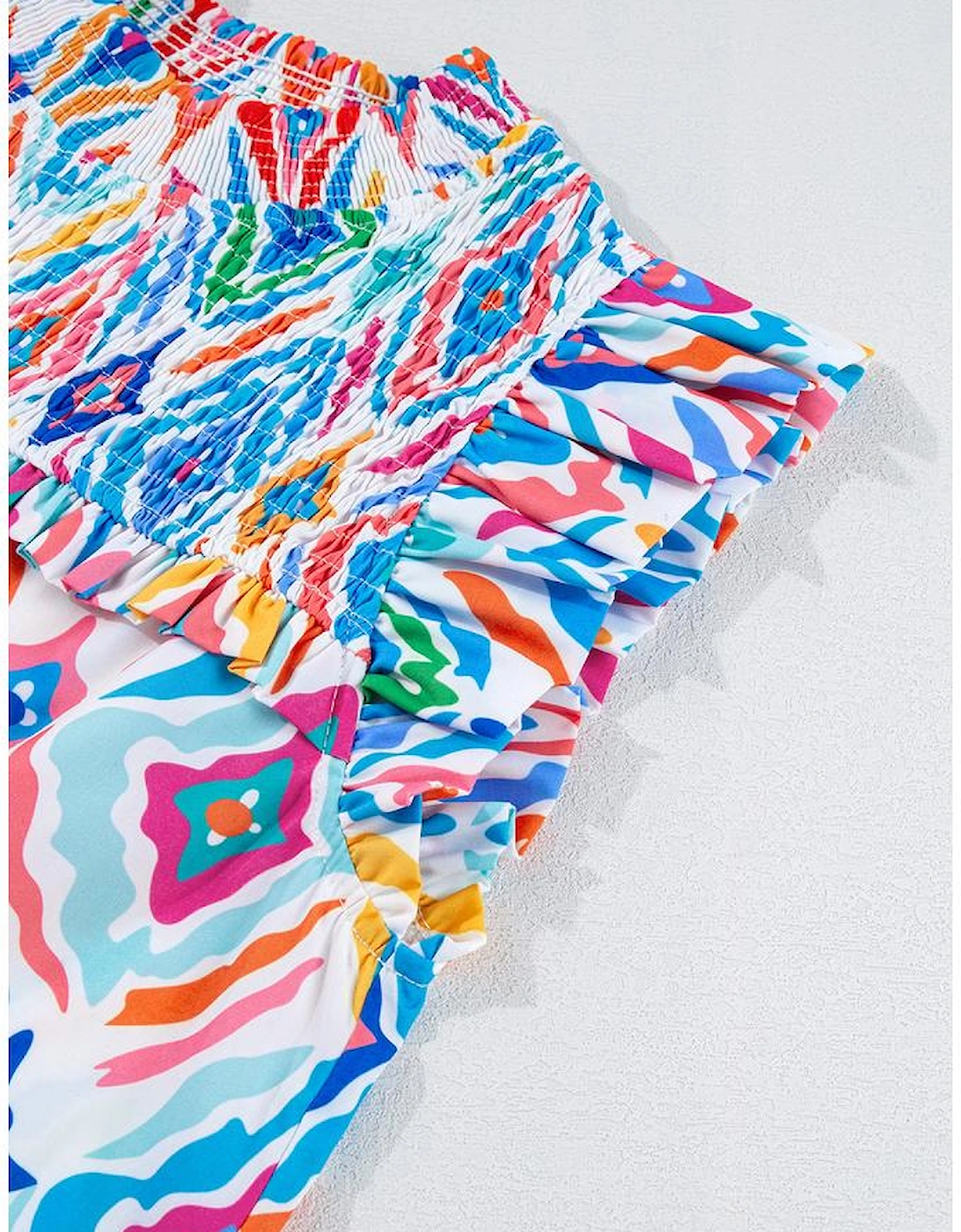 Light Blue Geometric Printed Flutter Sleeve Mock Neck Shirred Blouse