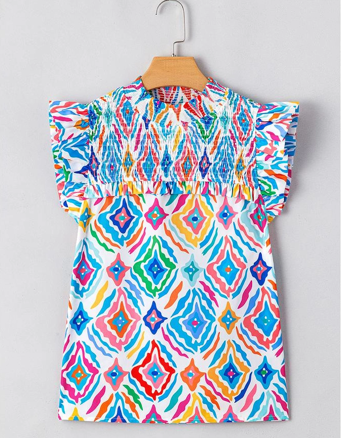 Light Blue Geometric Printed Flutter Sleeve Mock Neck Shirred Blouse