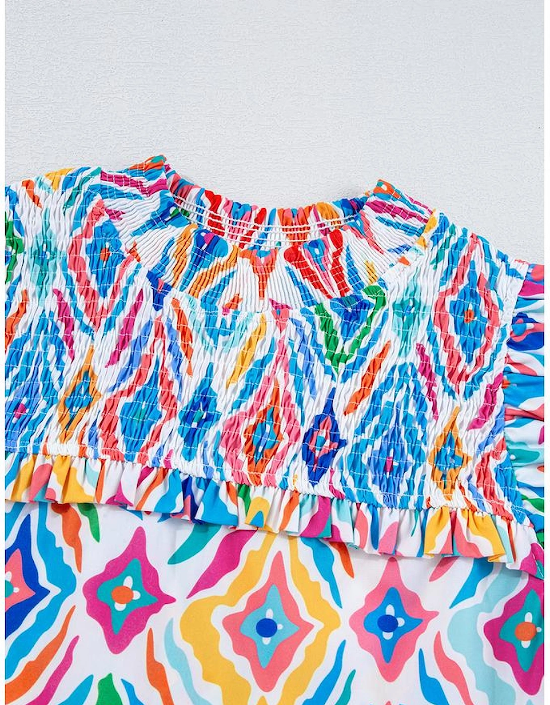 Light Blue Geometric Printed Flutter Sleeve Mock Neck Shirred Blouse