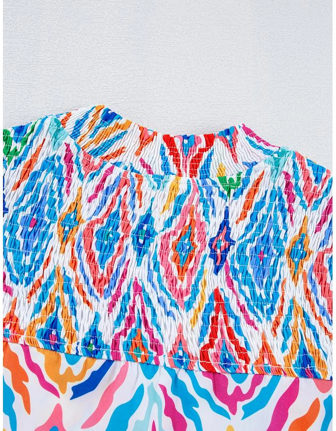 Light Blue Geometric Printed Flutter Sleeve Mock Neck Shirred Blouse