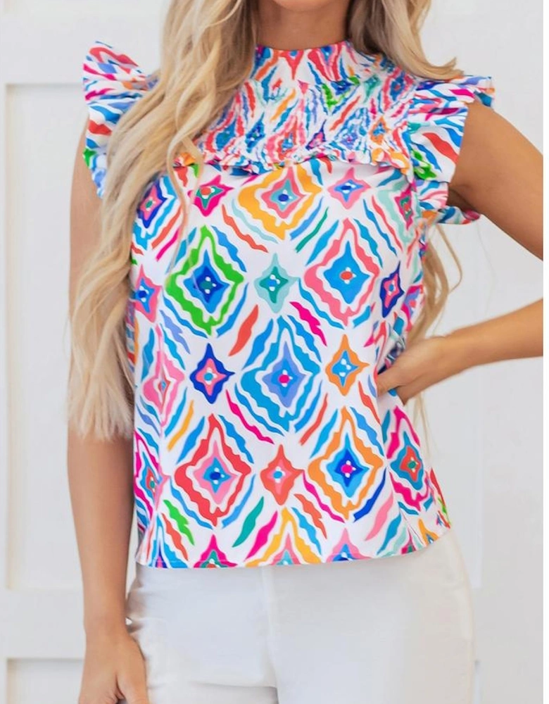Light Blue Geometric Printed Flutter Sleeve Mock Neck Shirred Blouse