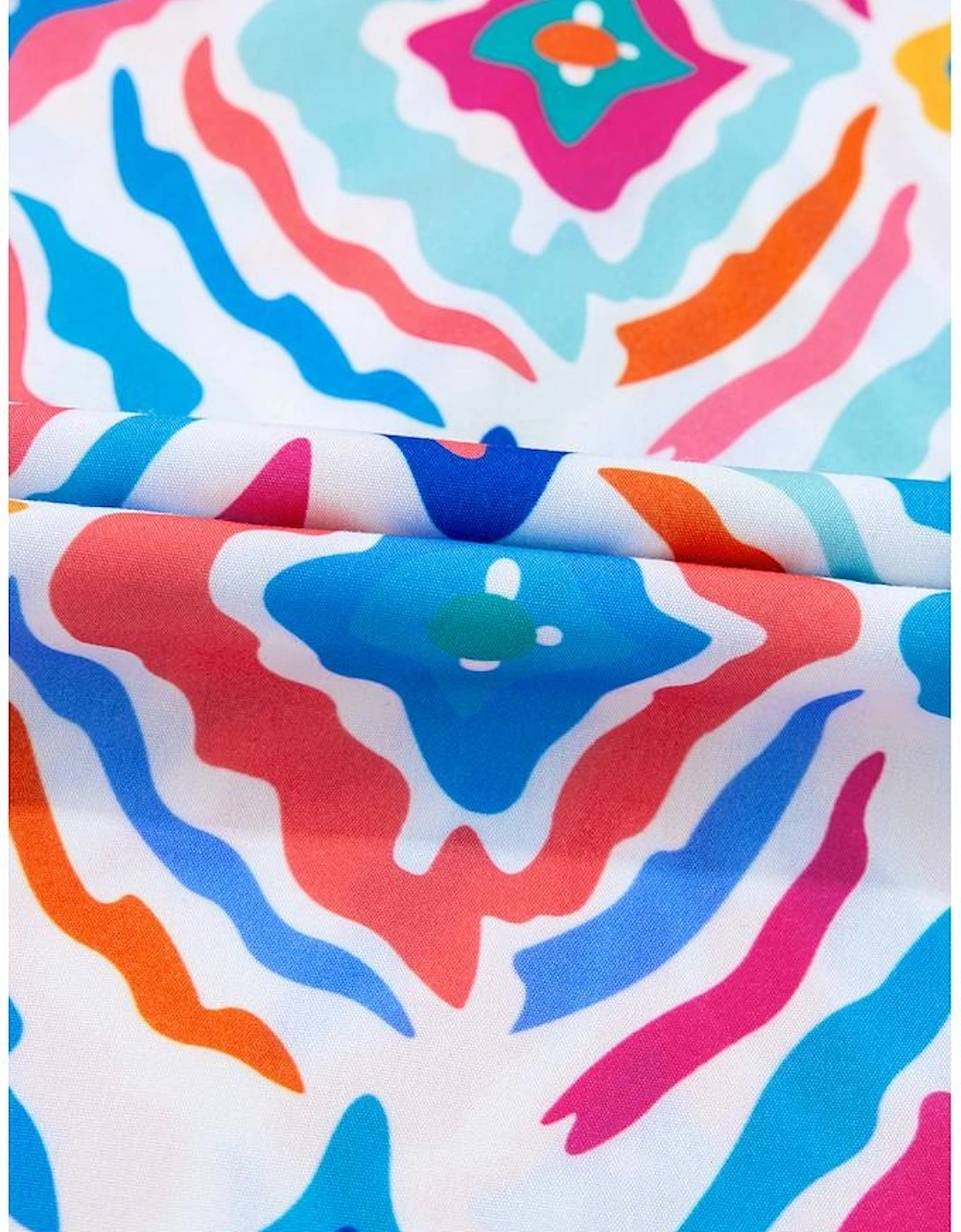 Light Blue Geometric Printed Flutter Sleeve Mock Neck Shirred Blouse