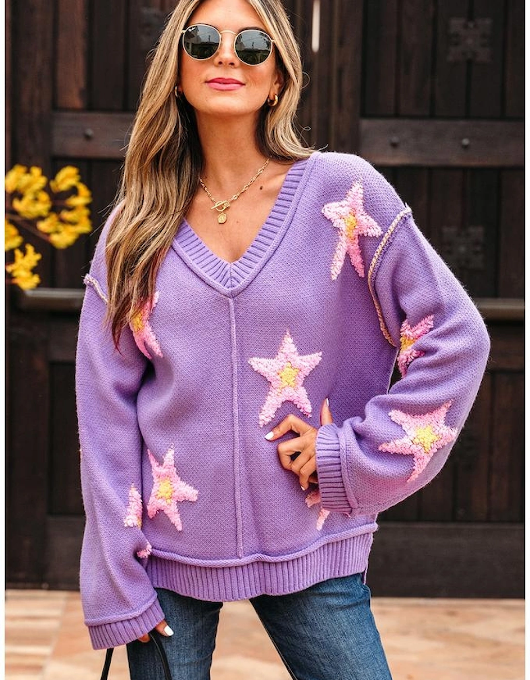 Lavendula Brushed Star Graphic V Neck Drop Shoulder Oversize Sweater, 15 of 14