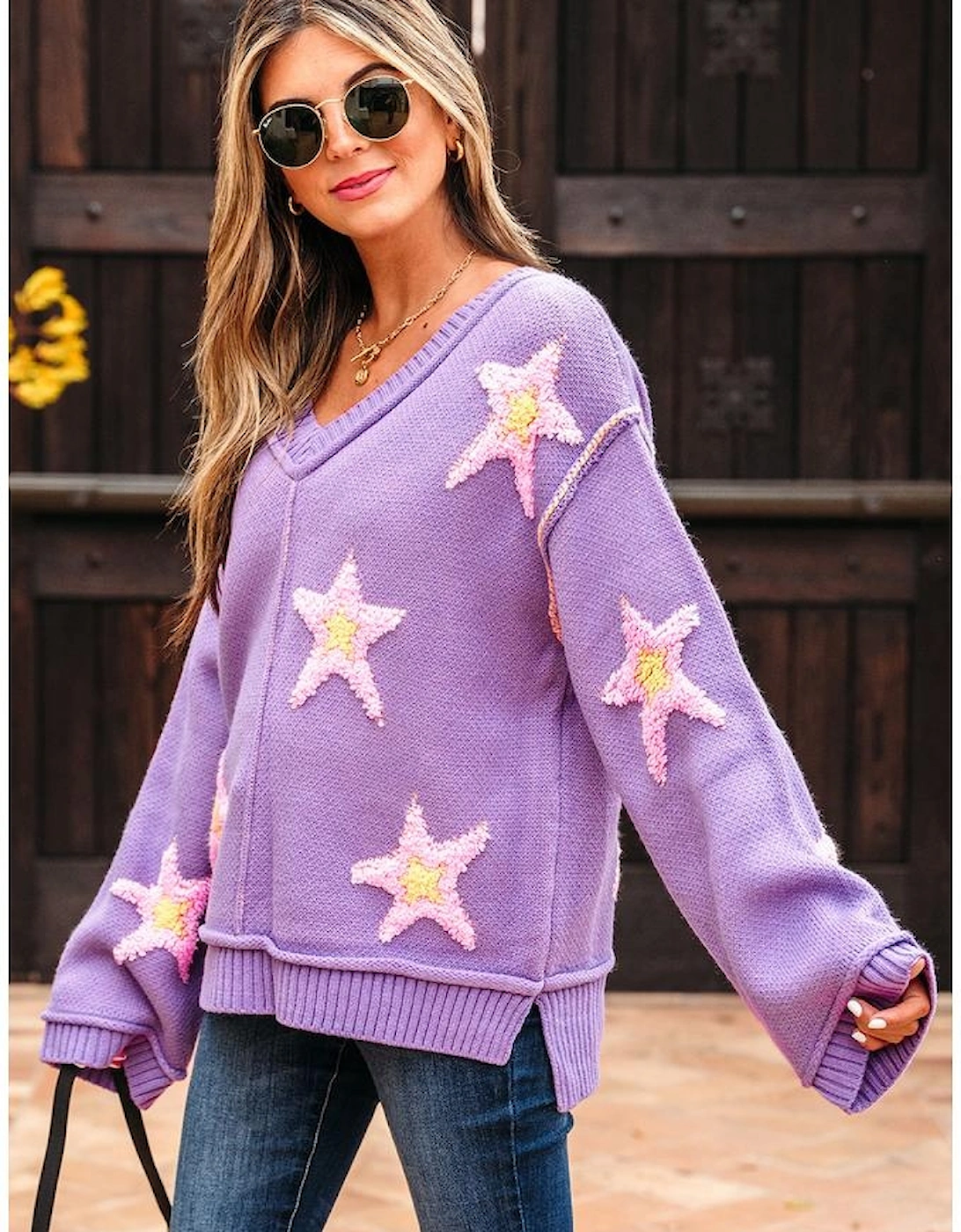 Lavendula Brushed Star Graphic V Neck Drop Shoulder Oversize Sweater