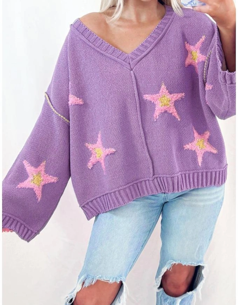 Lavendula Brushed Star Graphic V Neck Drop Shoulder Oversize Sweater