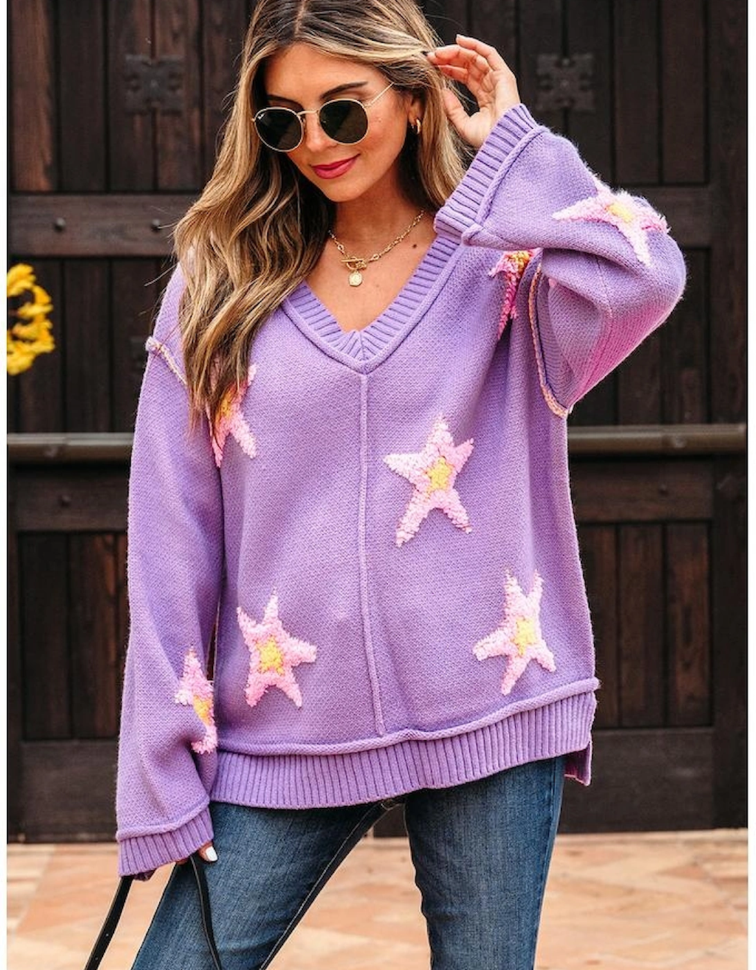 Lavendula Brushed Star Graphic V Neck Drop Shoulder Oversize Sweater
