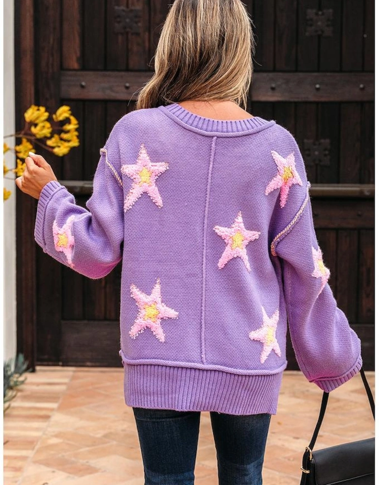 Lavendula Brushed Star Graphic V Neck Drop Shoulder Oversize Sweater