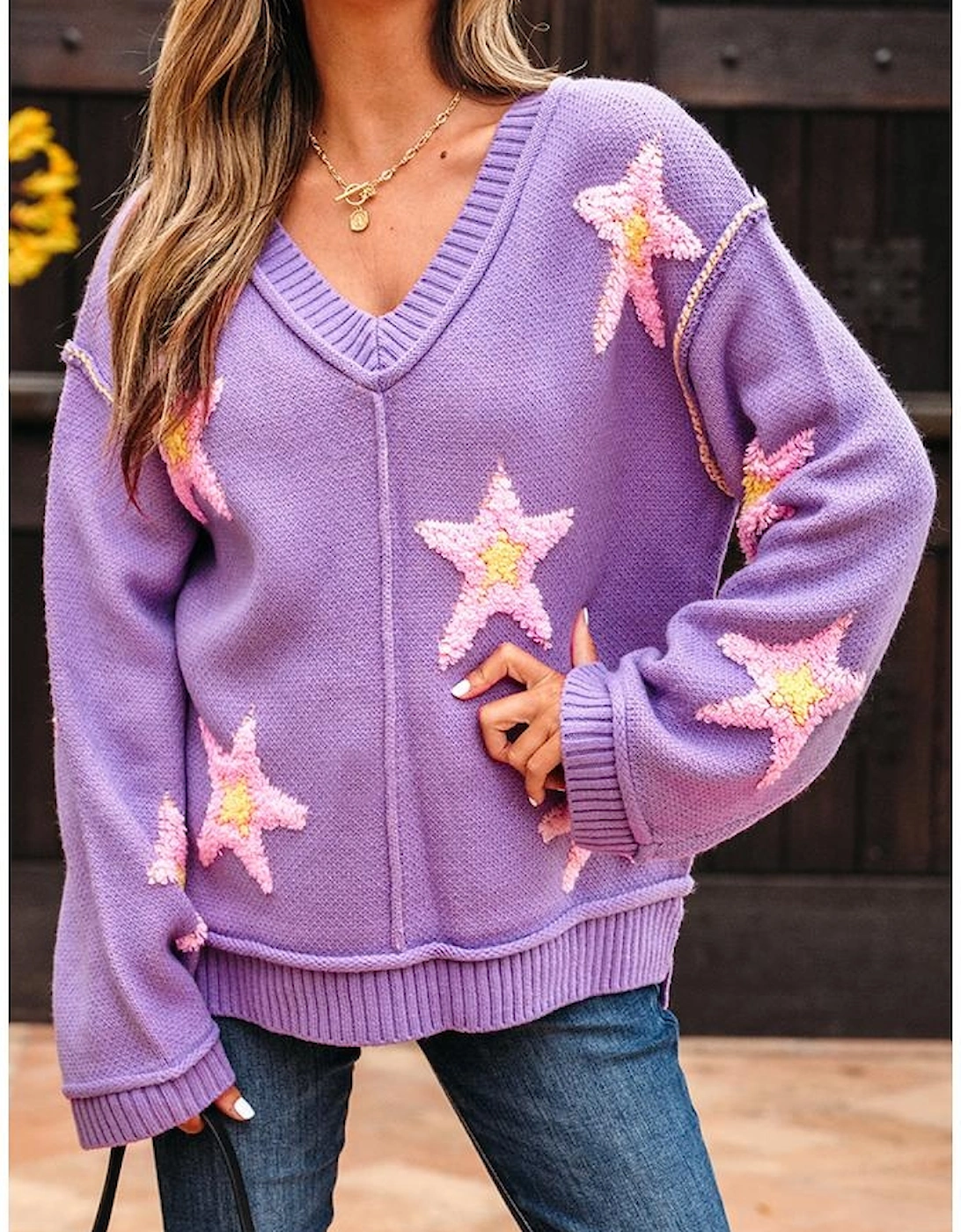 Lavendula Brushed Star Graphic V Neck Drop Shoulder Oversize Sweater