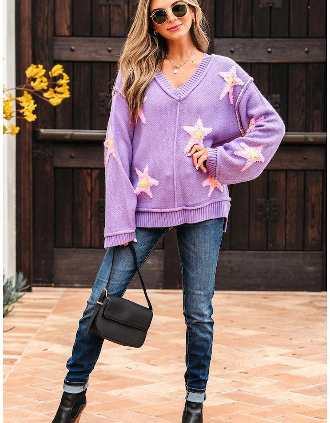 Lavendula Brushed Star Graphic V Neck Drop Shoulder Oversize Sweater