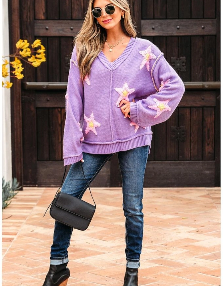 Lavendula Brushed Star Graphic V Neck Drop Shoulder Oversize Sweater