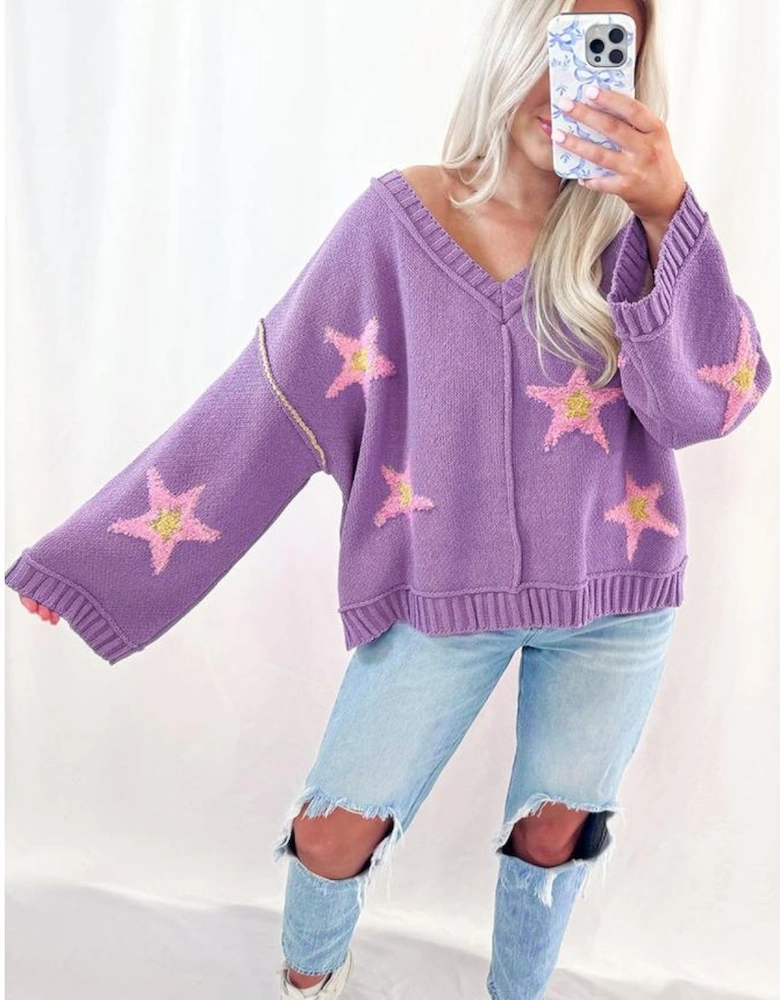 Lavendula Brushed Star Graphic V Neck Drop Shoulder Oversize Sweater