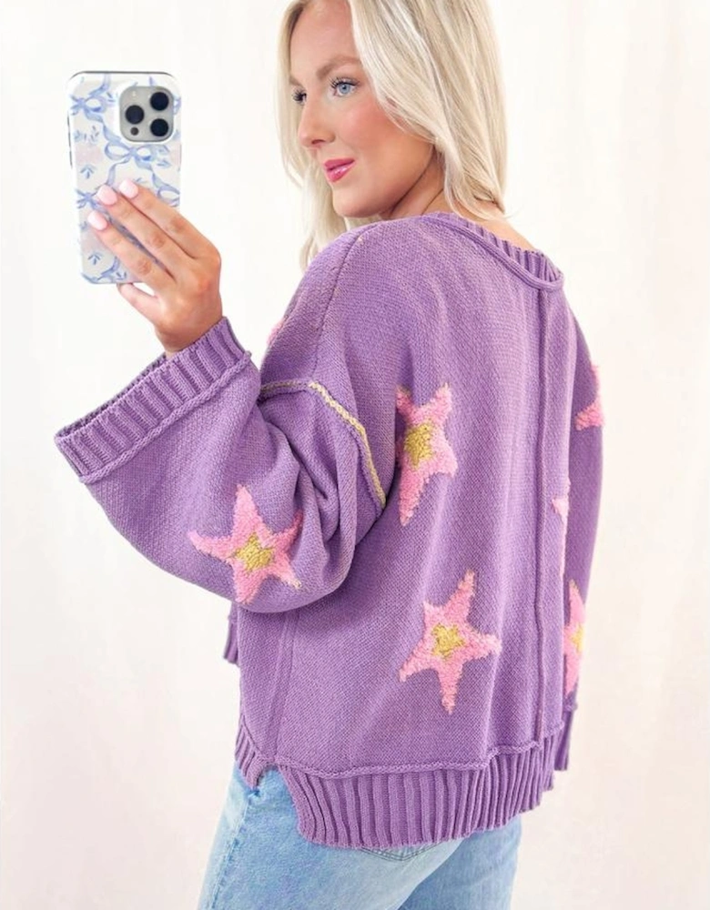 Lavendula Brushed Star Graphic V Neck Drop Shoulder Oversize Sweater