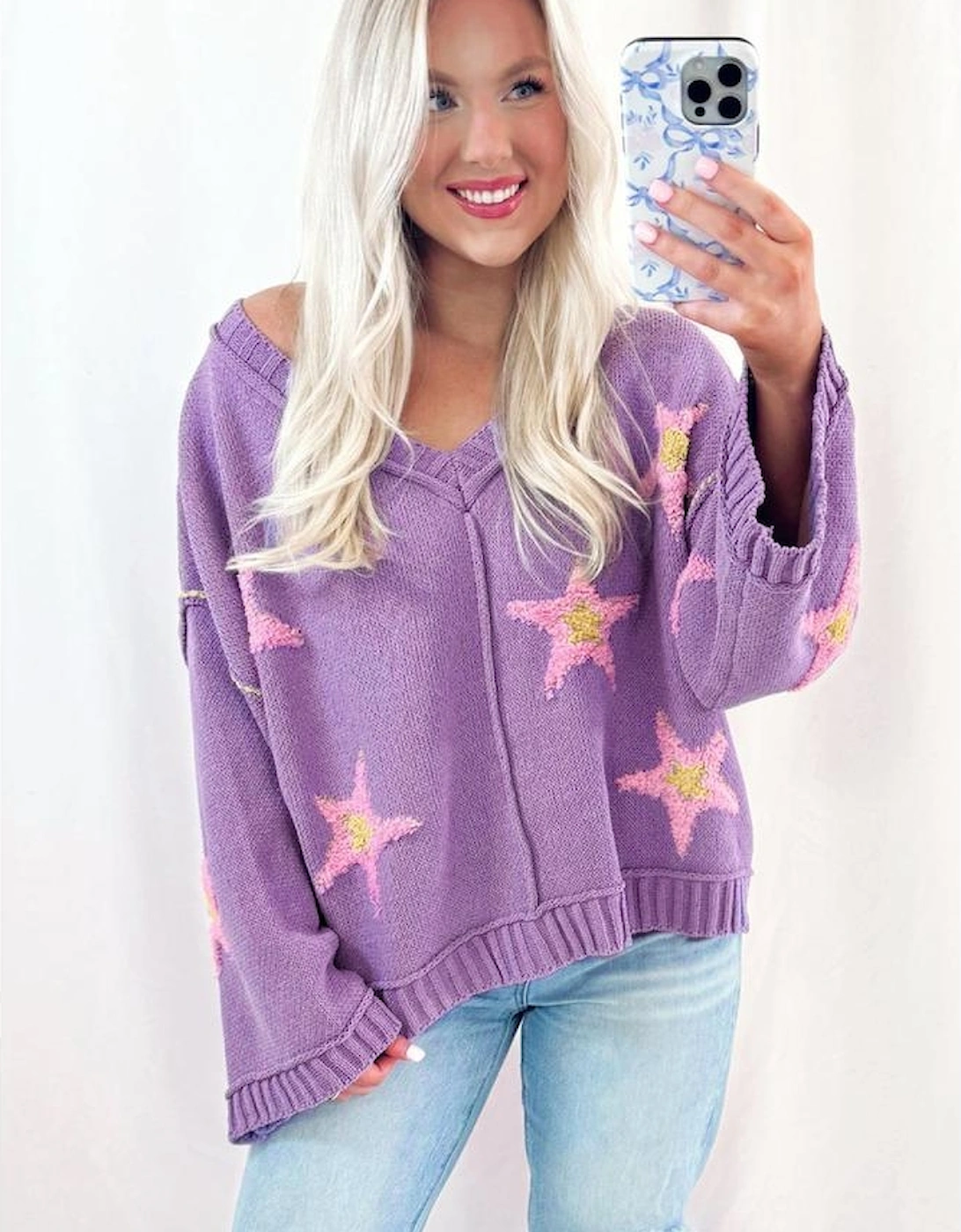 Lavendula Brushed Star Graphic V Neck Drop Shoulder Oversize Sweater