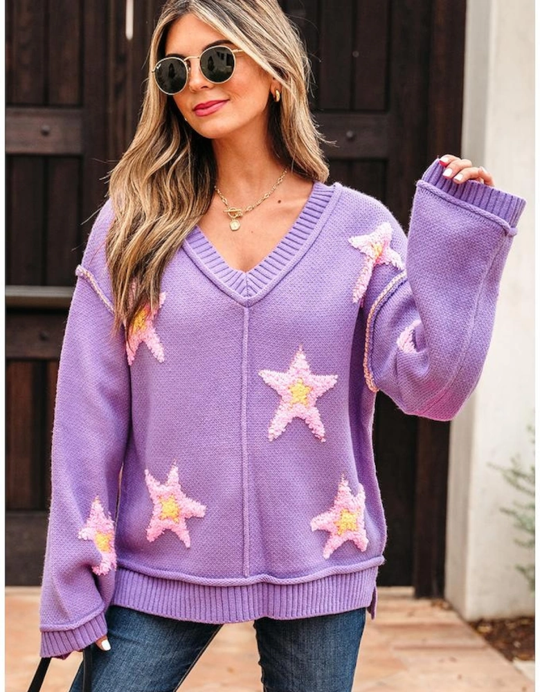 Lavendula Brushed Star Graphic V Neck Drop Shoulder Oversize Sweater