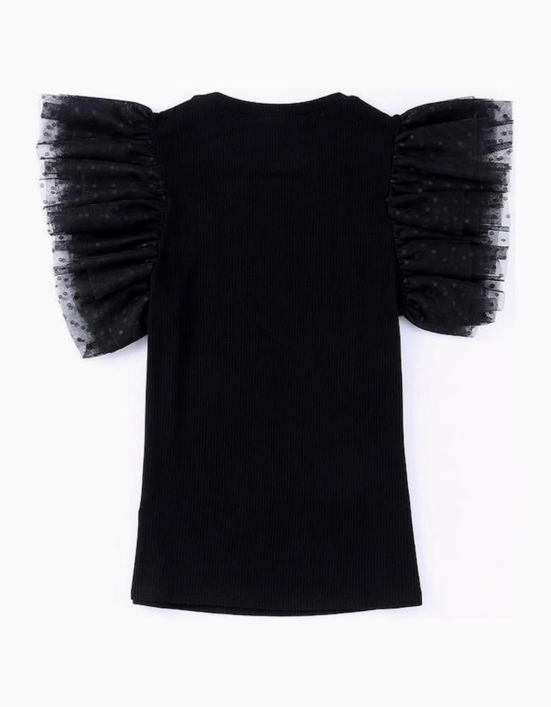 Black Dotty Mesh Ruffle Sleeve Ribbed Knit Top