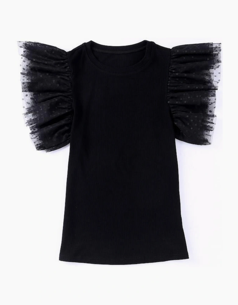 Black Dotty Mesh Ruffle Sleeve Ribbed Knit Top