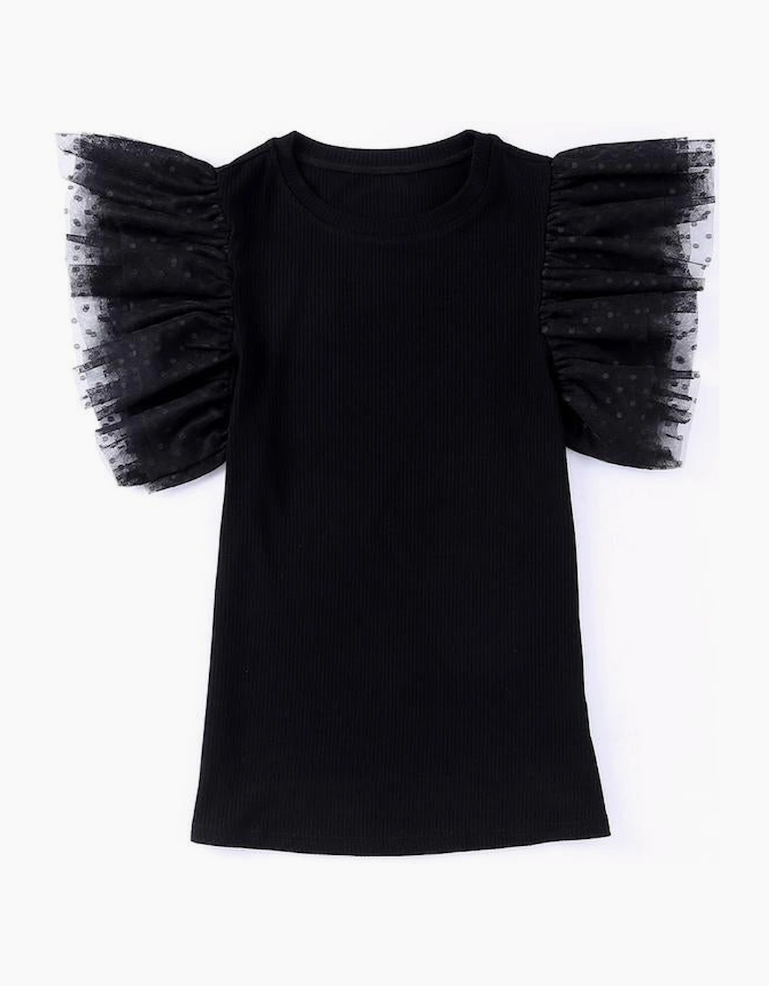 Black Dotty Mesh Ruffle Sleeve Ribbed Knit Top