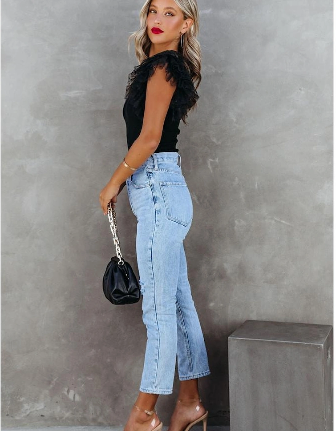 Black Dotty Mesh Ruffle Sleeve Ribbed Knit Top