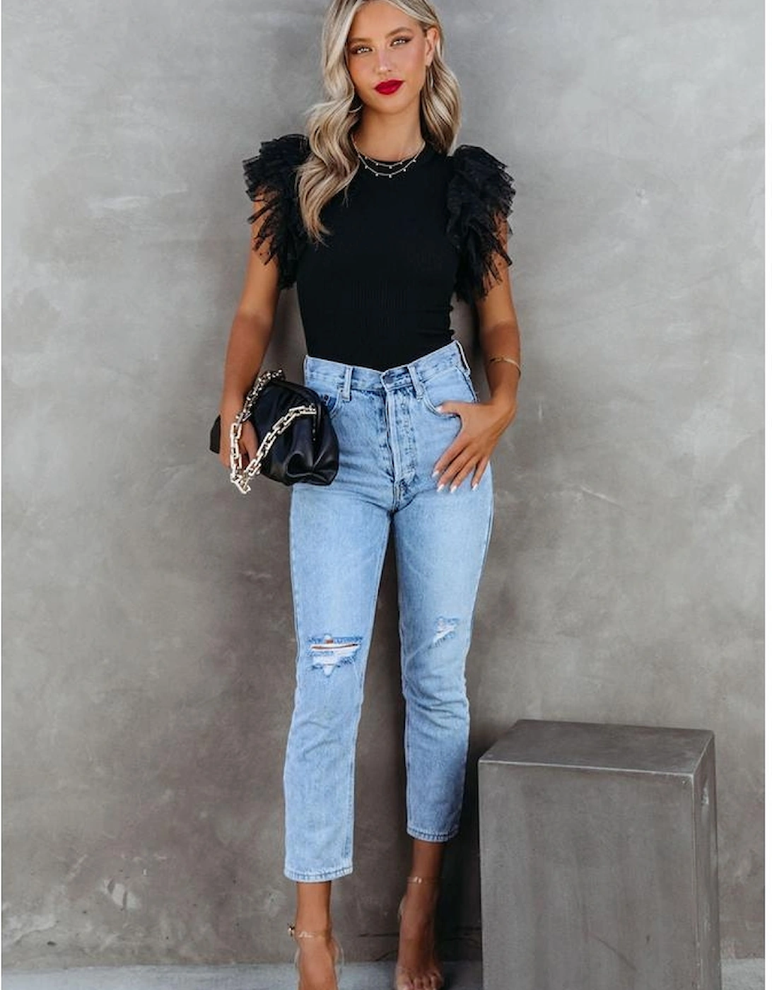 Black Dotty Mesh Ruffle Sleeve Ribbed Knit Top