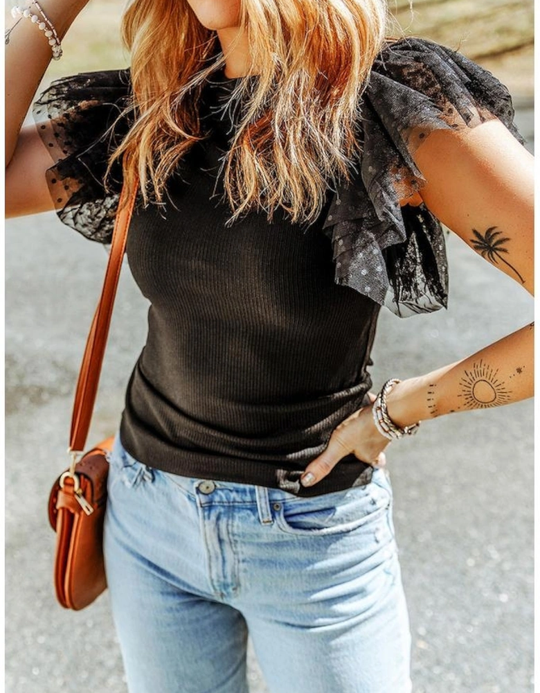 Black Dotty Mesh Ruffle Sleeve Ribbed Knit Top