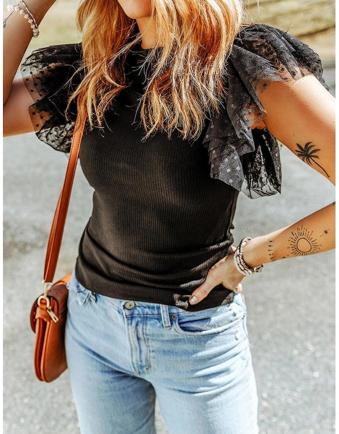 Black Dotty Mesh Ruffle Sleeve Ribbed Knit Top