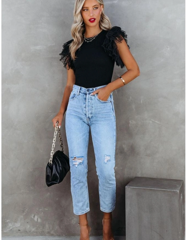 Black Dotty Mesh Ruffle Sleeve Ribbed Knit Top