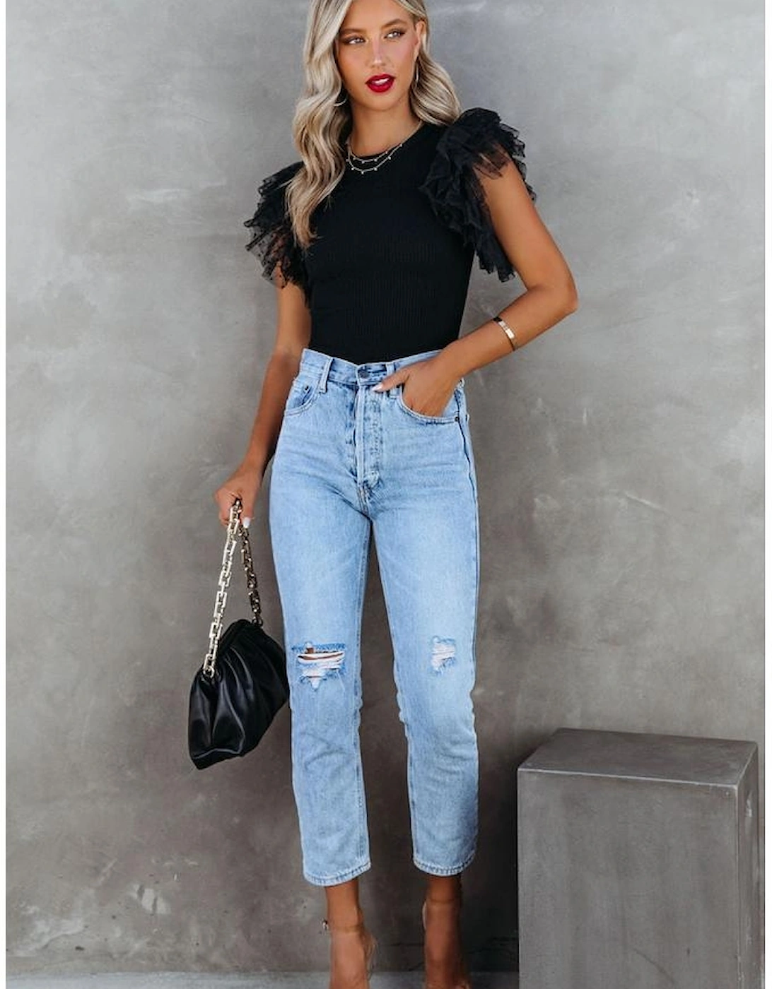 Black Dotty Mesh Ruffle Sleeve Ribbed Knit Top