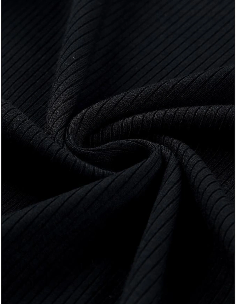 Black Dotty Mesh Ruffle Sleeve Ribbed Knit Top