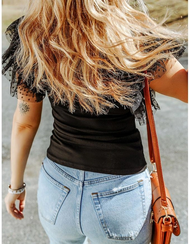 Black Dotty Mesh Ruffle Sleeve Ribbed Knit Top