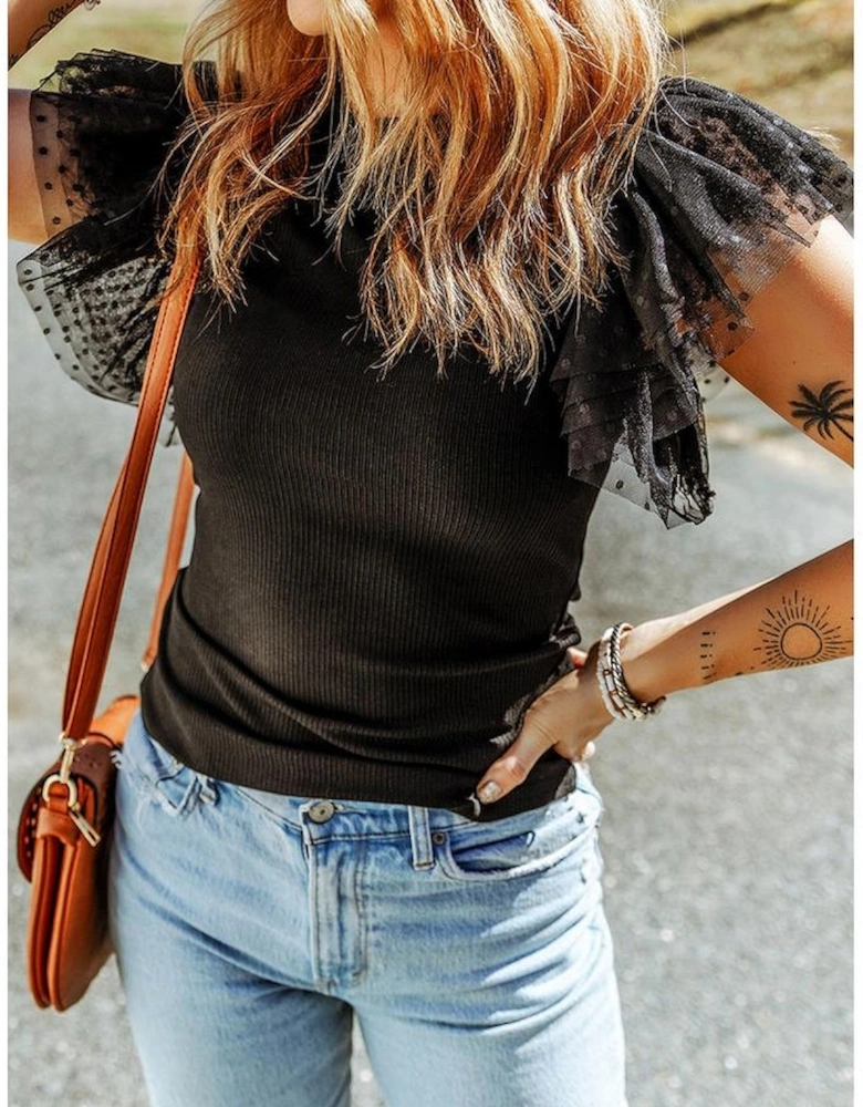 Black Dotty Mesh Ruffle Sleeve Ribbed Knit Top