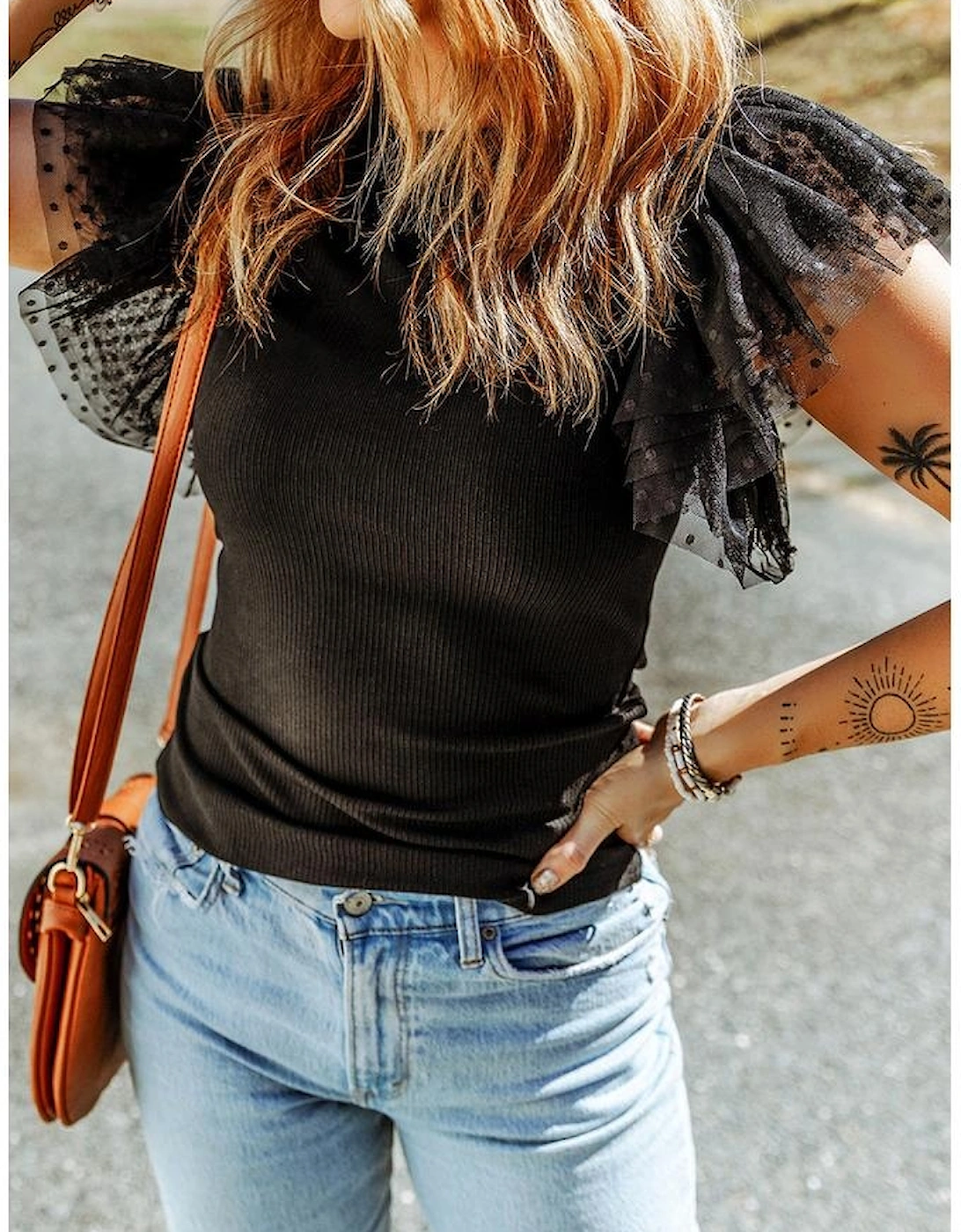 Black Dotty Mesh Ruffle Sleeve Ribbed Knit Top