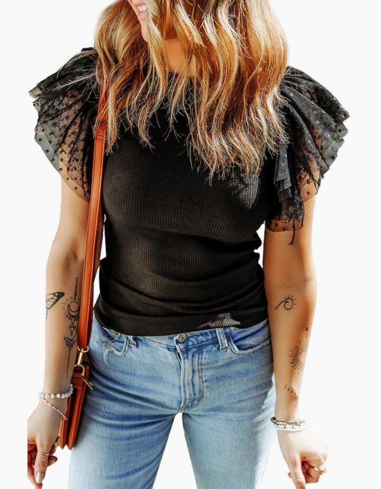 Black Dotty Mesh Ruffle Sleeve Ribbed Knit Top