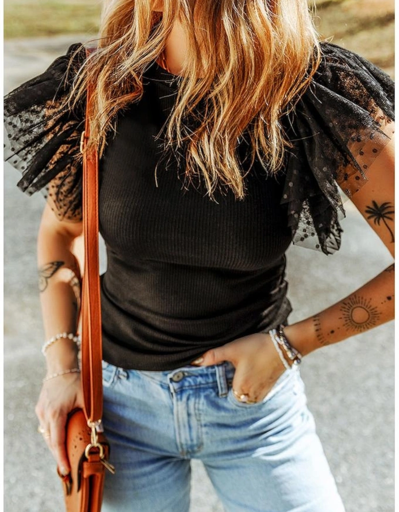 Black Dotty Mesh Ruffle Sleeve Ribbed Knit Top