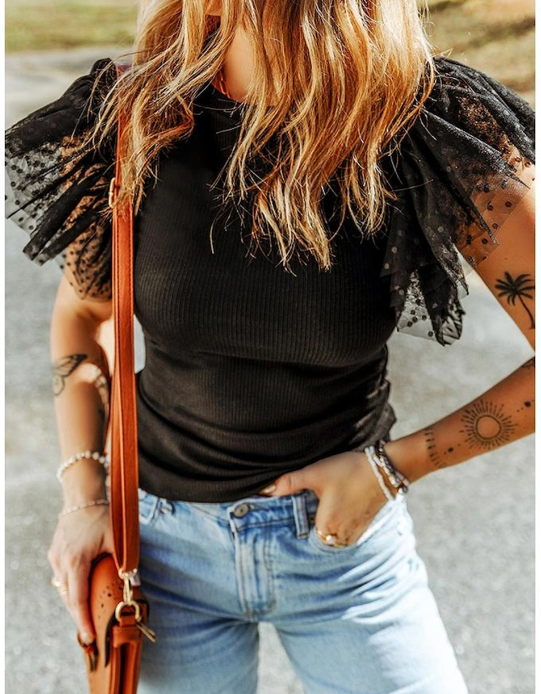 Black Dotty Mesh Ruffle Sleeve Ribbed Knit Top