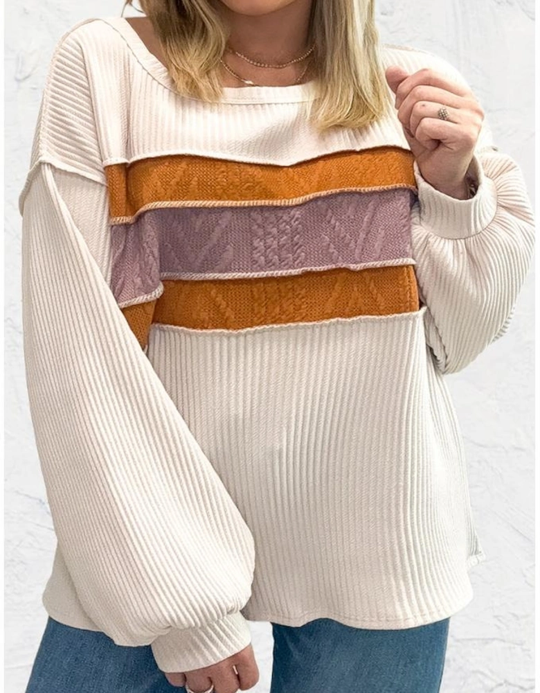 White Corded Exposed Seam Knit Patchwork Drop Sleeve Top