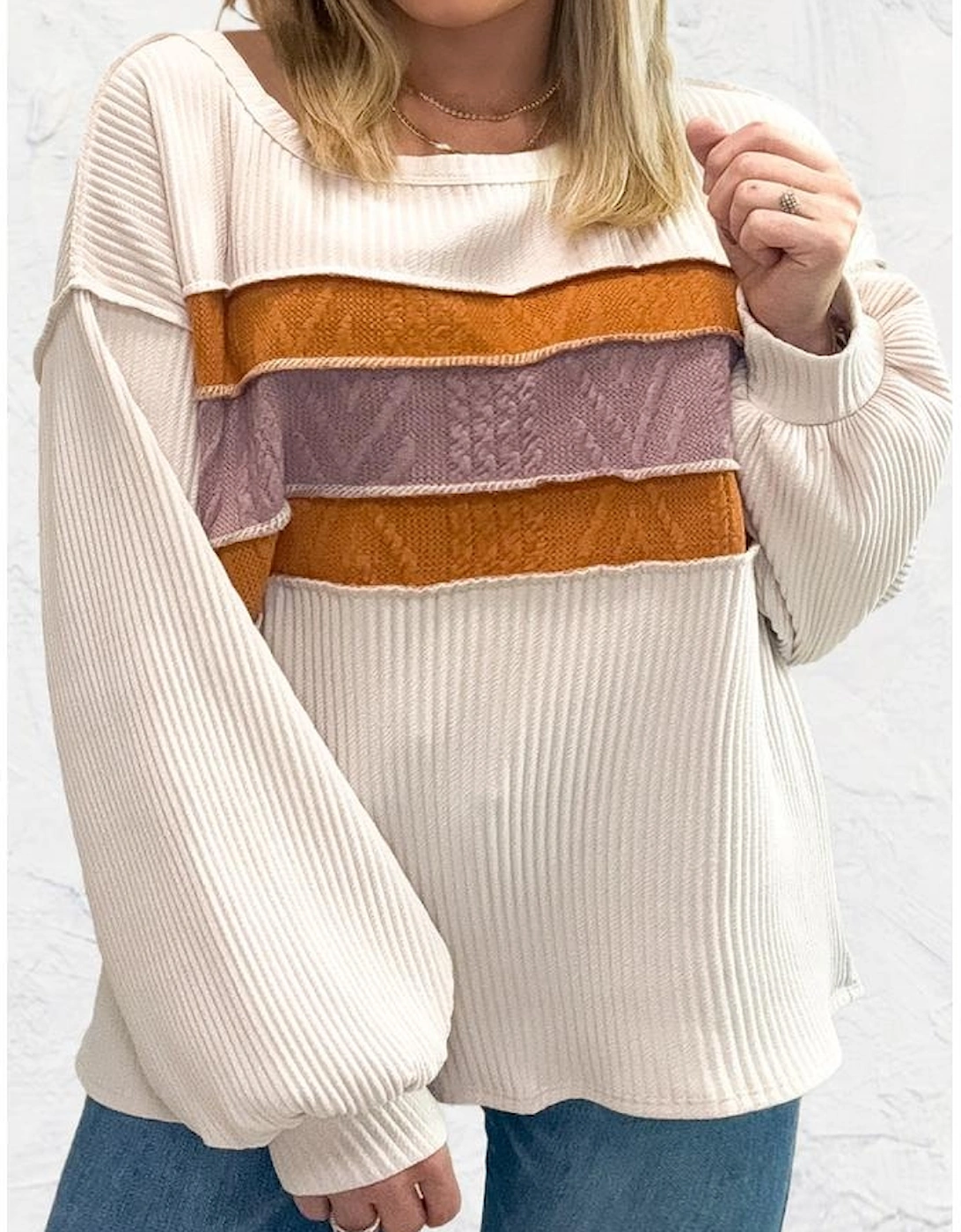 White Corded Exposed Seam Knit Patchwork Drop Sleeve Top