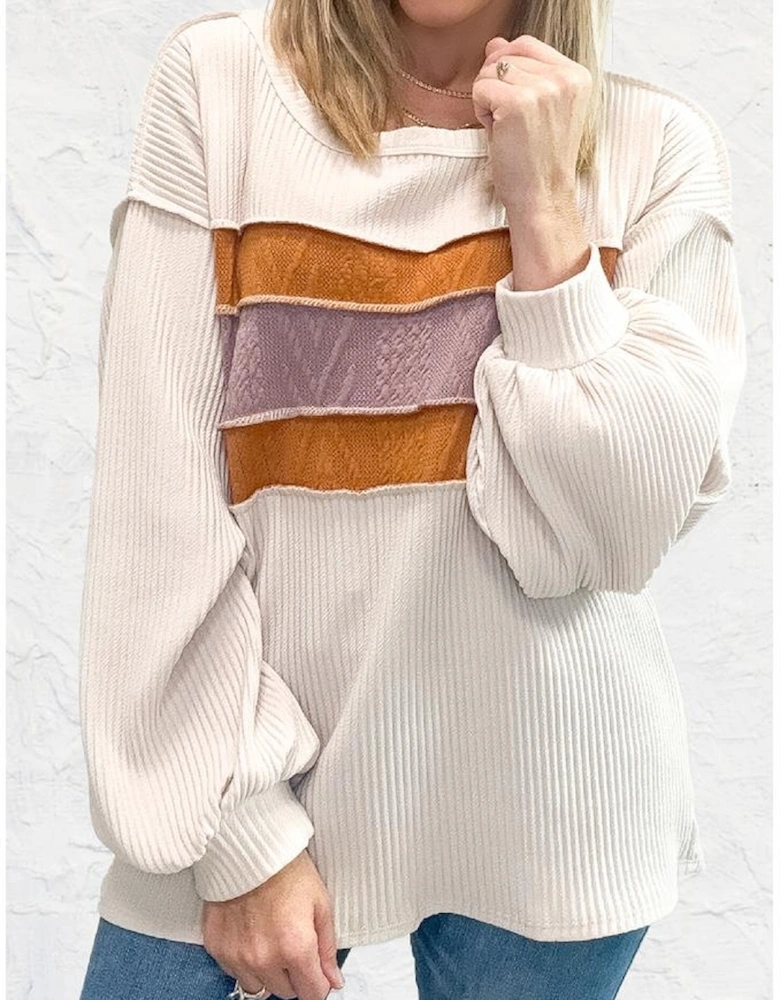 White Corded Exposed Seam Knit Patchwork Drop Sleeve Top