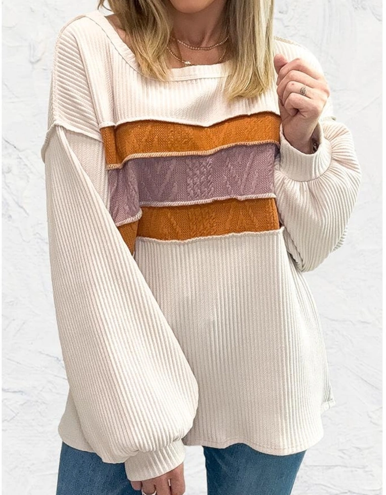 White Corded Exposed Seam Knit Patchwork Drop Sleeve Top