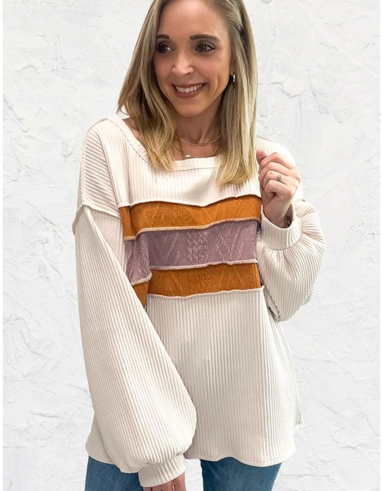 White Corded Exposed Seam Knit Patchwork Drop Sleeve Top