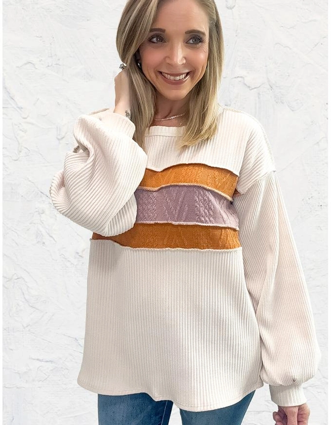 White Corded Exposed Seam Knit Patchwork Drop Sleeve Top