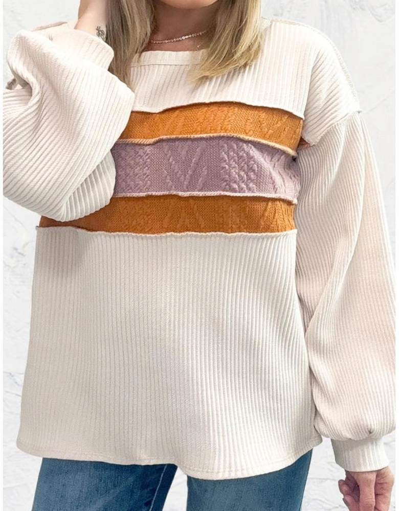 White Corded Exposed Seam Knit Patchwork Drop Sleeve Top