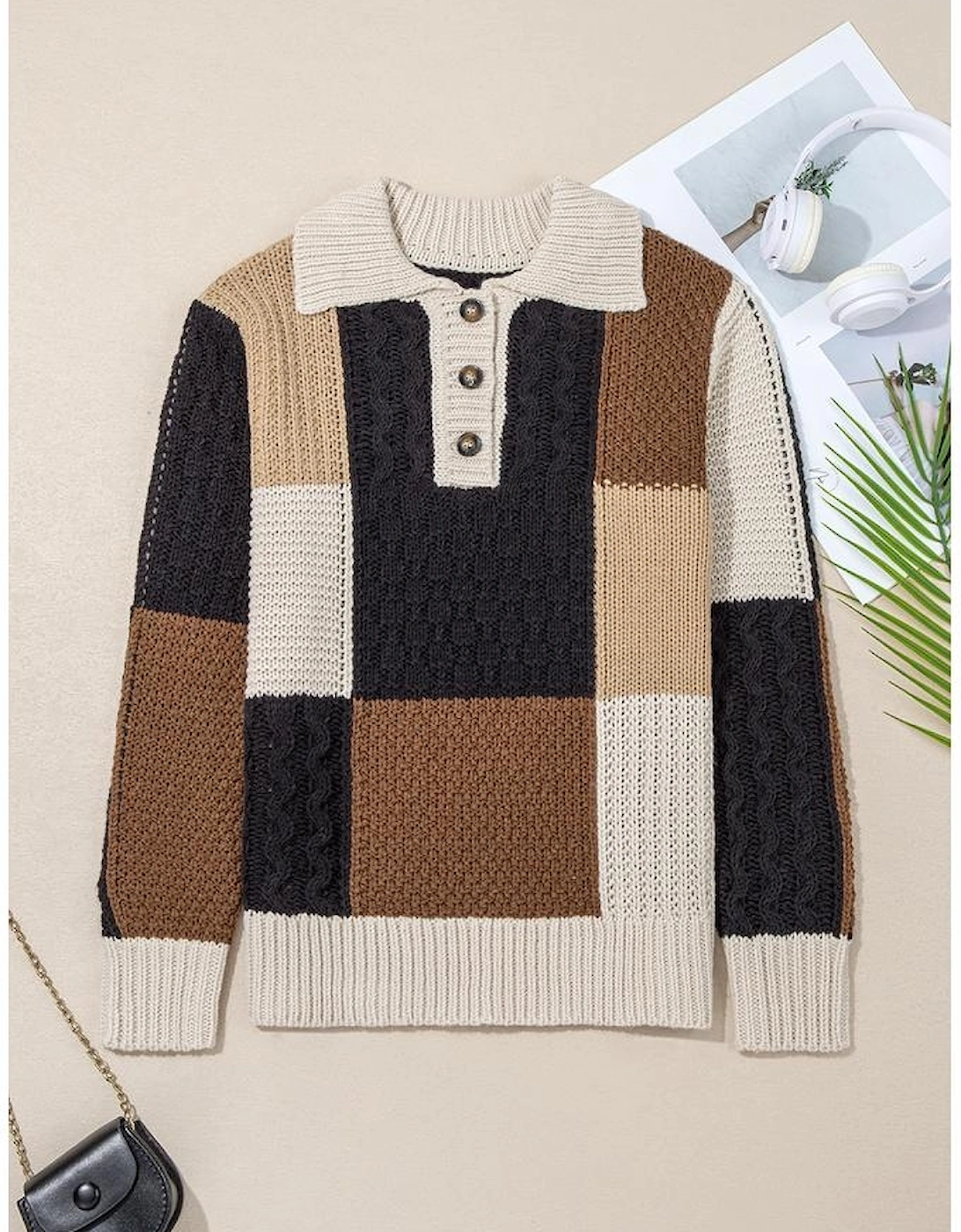 Multicolour Color Block Cable Knit Sleeve Buttons Collared Sweater