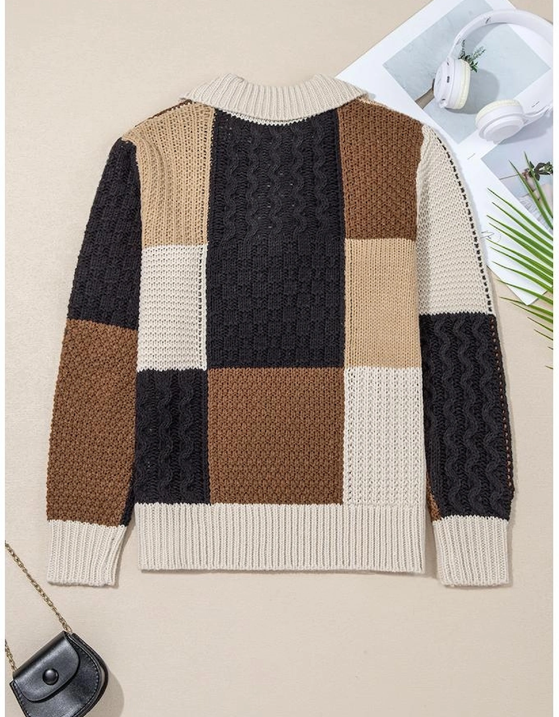 Multicolour Color Block Cable Knit Sleeve Buttons Collared Sweater