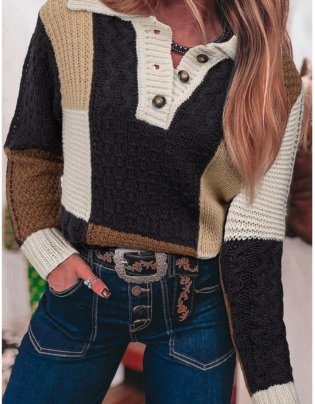 Multicolour Color Block Cable Knit Sleeve Buttons Collared Sweater