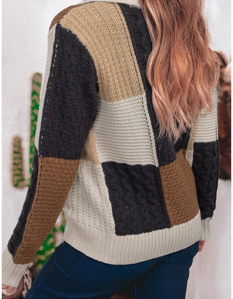 Multicolour Color Block Cable Knit Sleeve Buttons Collared Sweater