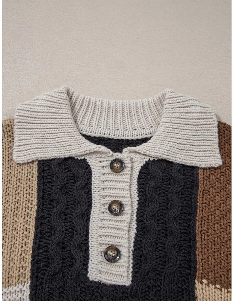 Multicolour Color Block Cable Knit Sleeve Buttons Collared Sweater