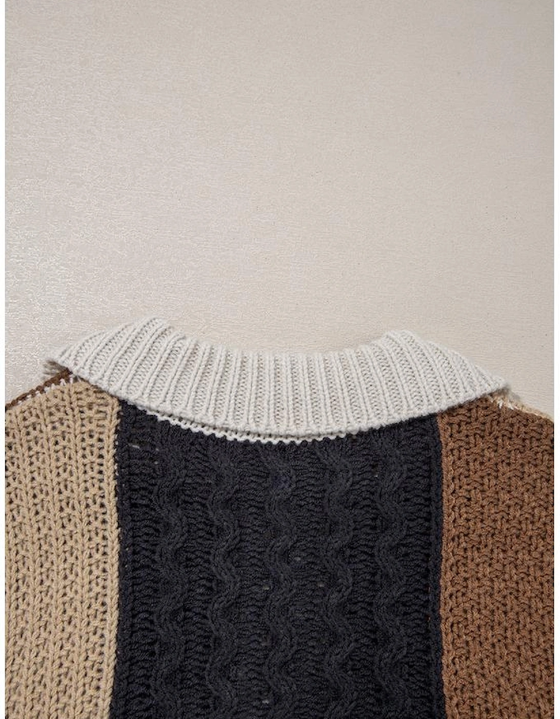 Multicolour Color Block Cable Knit Sleeve Buttons Collared Sweater