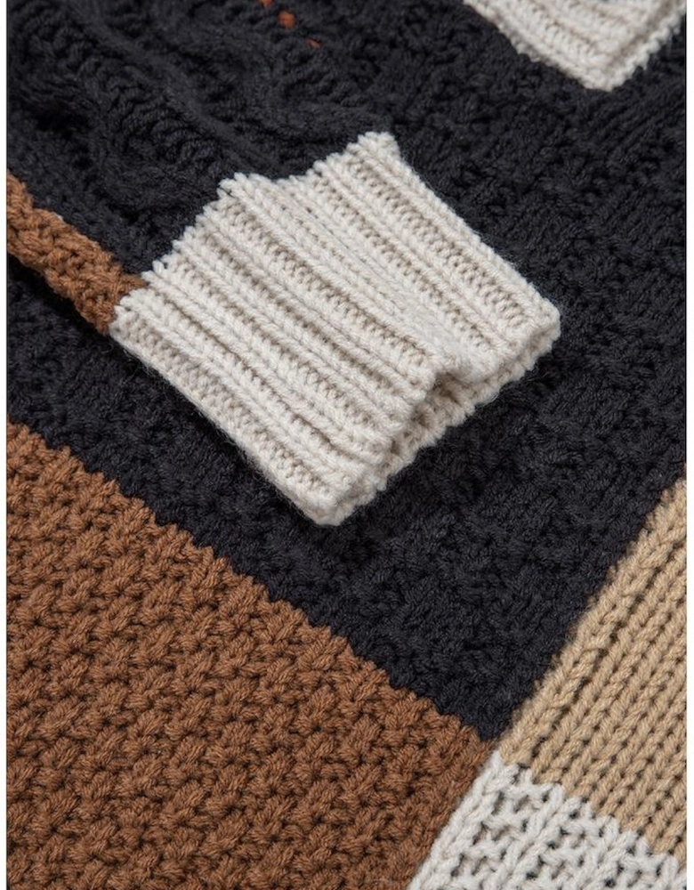 Multicolour Color Block Cable Knit Sleeve Buttons Collared Sweater