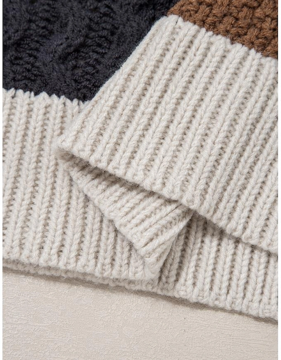 Multicolour Color Block Cable Knit Sleeve Buttons Collared Sweater