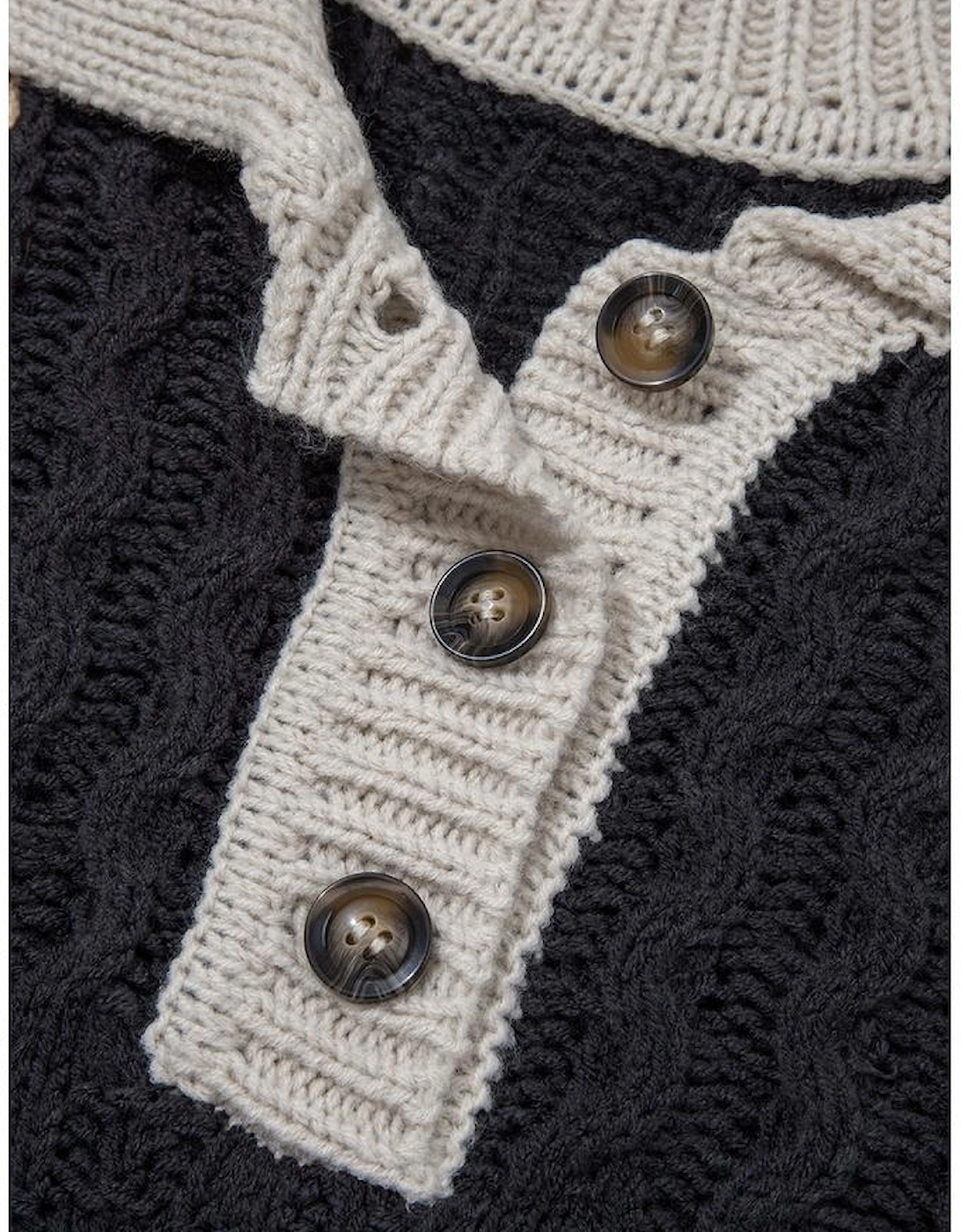 Multicolour Color Block Cable Knit Sleeve Buttons Collared Sweater